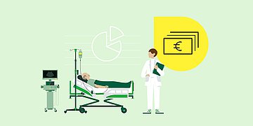 Grafik: Ein Mann liegt im Krankenbett, angeschlossen an medizinische Geräte. Davor steht eine Arzt oder eine Ärztin mit Unterlagen. Im Hintergrund ist eine Geldschein-Grafik zu sehen, außerdem ein Tortendiagramm, aus dem ein Stück rausgelöst wurde.