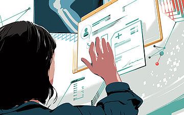 Illustration einer &Auml;rztin, die sich an einer digitalen Wand mit medizinischen Informationen orientiert 