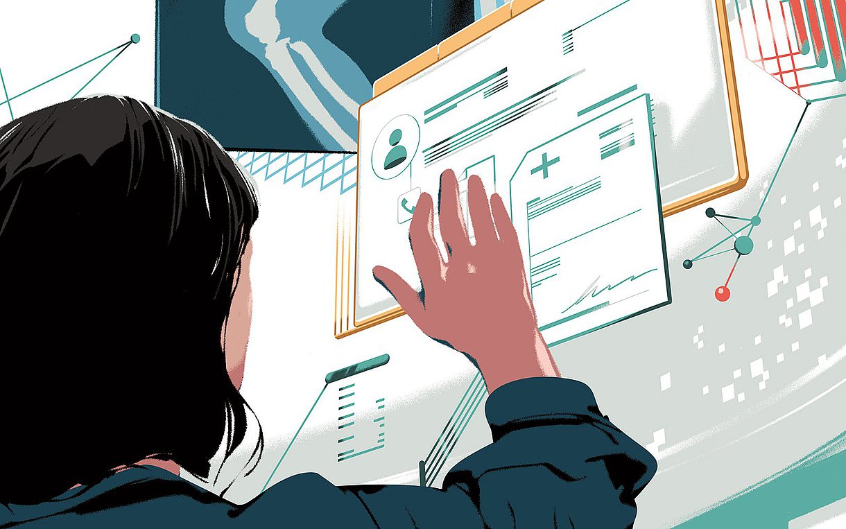Illustration einer Ärztin, die sich an einer digitalen Wand mit medizinischen Informationen orientiert 