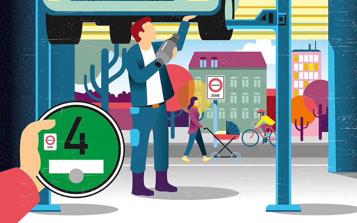 Illustration einer Autowerkstatt mit Blick nach draußen aus einer Garage