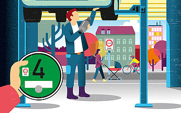 Illustration einer Autowerkstatt mit Blick nach drau&szlig;en aus einer Garage