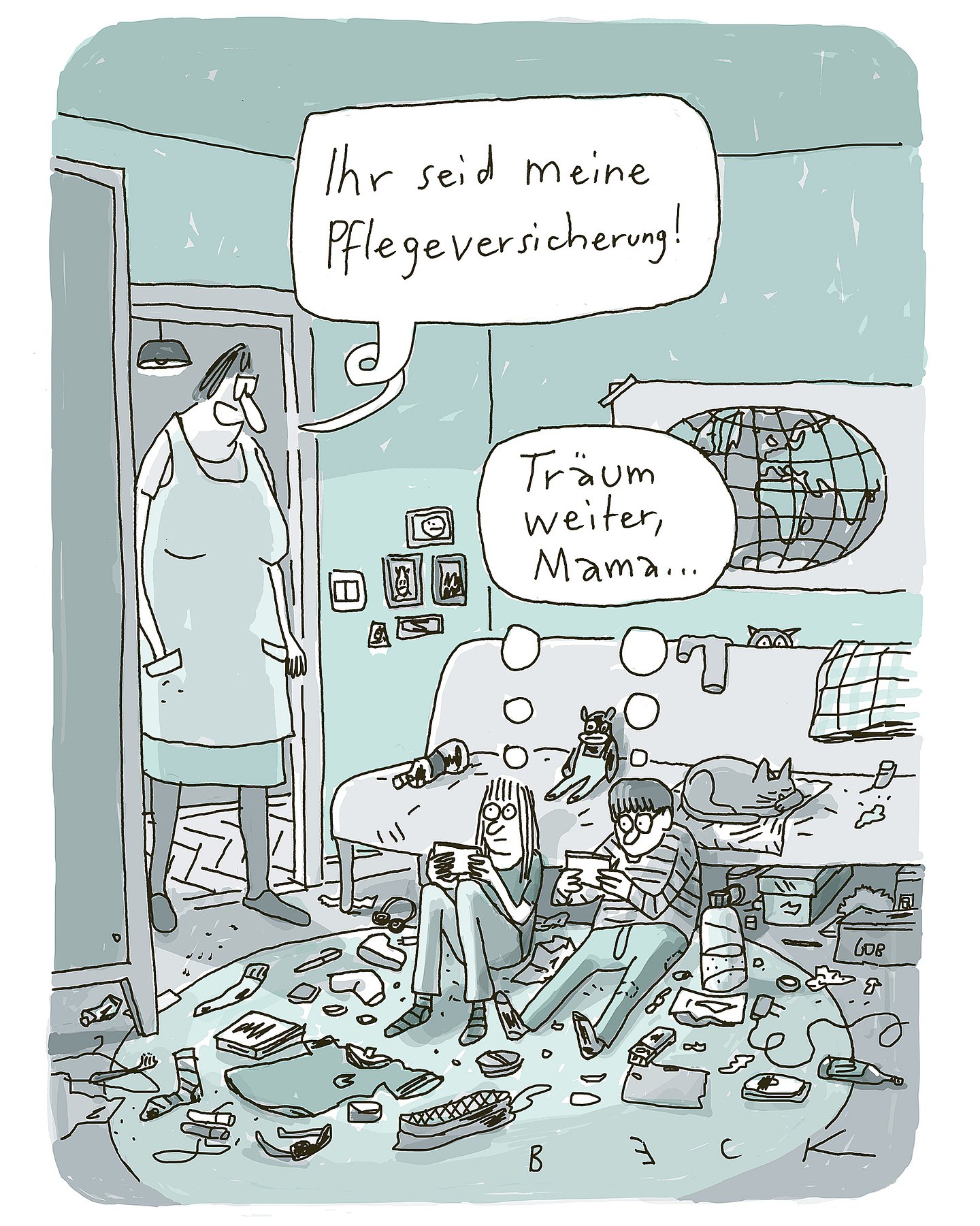 Foto: Illustration des Cartoonisten Beck: Mutter kommt in Kinderzimmer und sagt: "Ihr seid meine Pflegeversicherung!" – Kinder, die auf ihr Handy schauen, antworten: "Träum' weiter, Mama!".