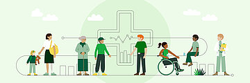 Illustration: Junge und &auml;ltere Menschen, Patienten und &Auml;rztinnen, Rollstuhlfahrende und Fu&szlig;g&auml;nger