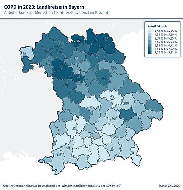 Die Bayernkarte zeigt, wie h&auml;ufig die Krankheit COPD in den Landkreisen und kreisfreien St&auml;dten vorkommt