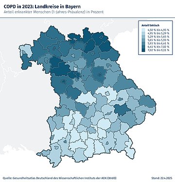 Die Bayernkarte zeigt, wie häufig die Krankheit COPD in den Landkreisen und kreisfreien Städten vorkommt