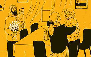 Illustration einer alten Frau, die liebevoll an ihrem K&uuml;chentisch von ihren j&uuml;ngeren Verwandten begr&uuml;&szlig;t wird, einem Mann und einer Frau mit Kleinkind