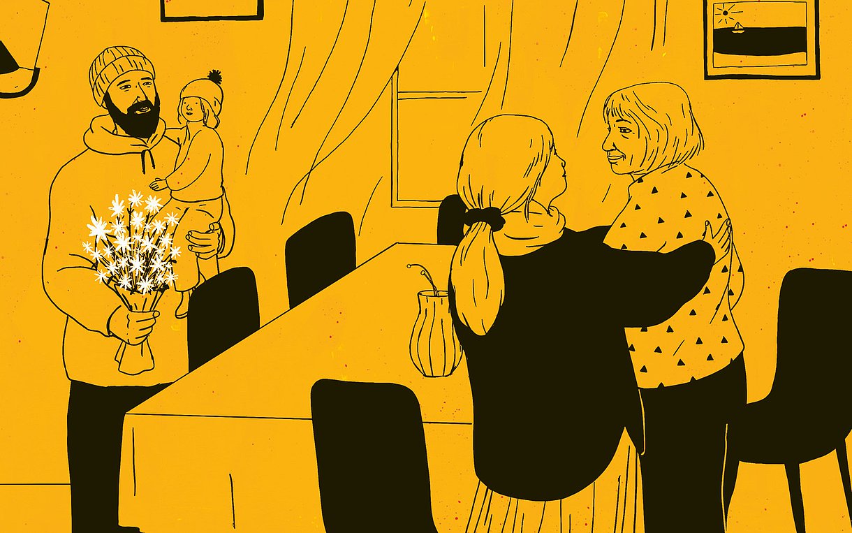 Illustration einer alten Frau, die liebevoll an ihrem Küchentisch von ihren jüngeren Verwandten begrüßt wird, einem Mann und einer Frau mit Kleinkind