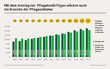Foto: Grafik: Mit dem Anstieg der Pflegebed&uuml;rftigen w&auml;chst auch die Branche der Pflegeanbieter.