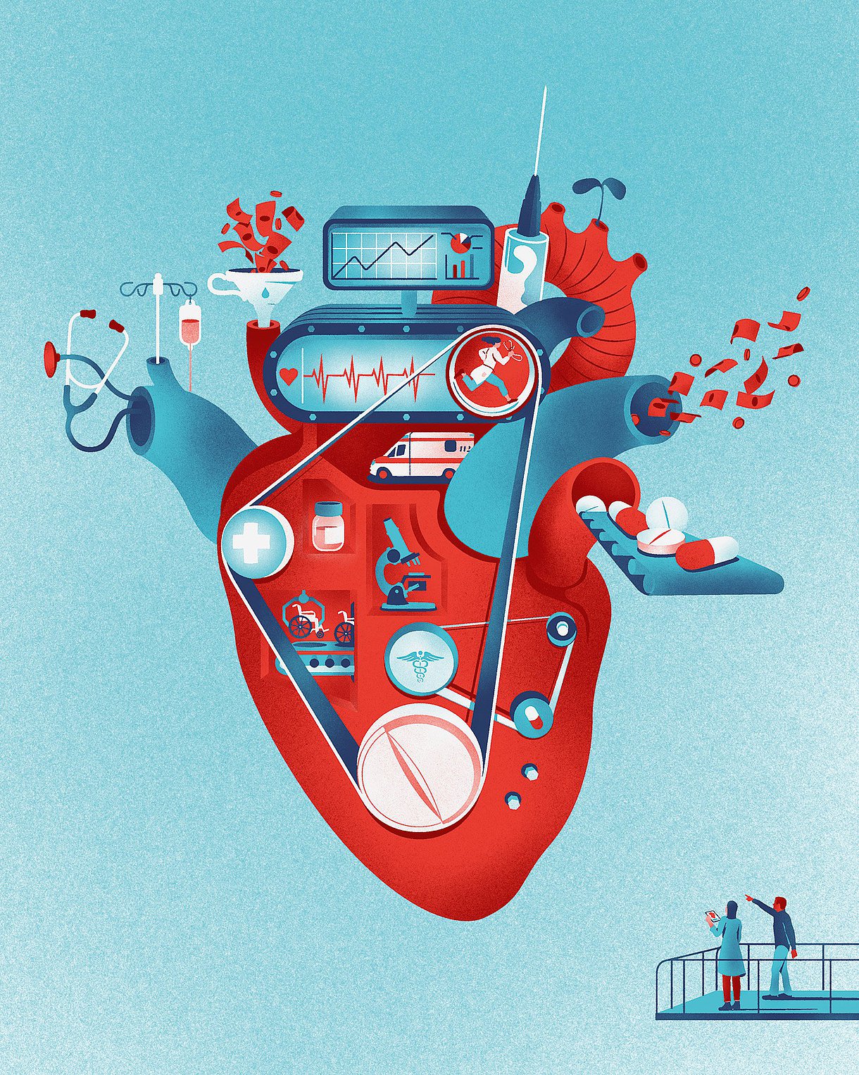 Illustration eines Herzens, das aussieht wie eine Maschine: Es produziert unter anderem Tabletten und enthält medizinische Geräte, wie eine Spritze und einen Monitor. In die Maschine hineingegeben und aus ihr heraus kommt Geld.