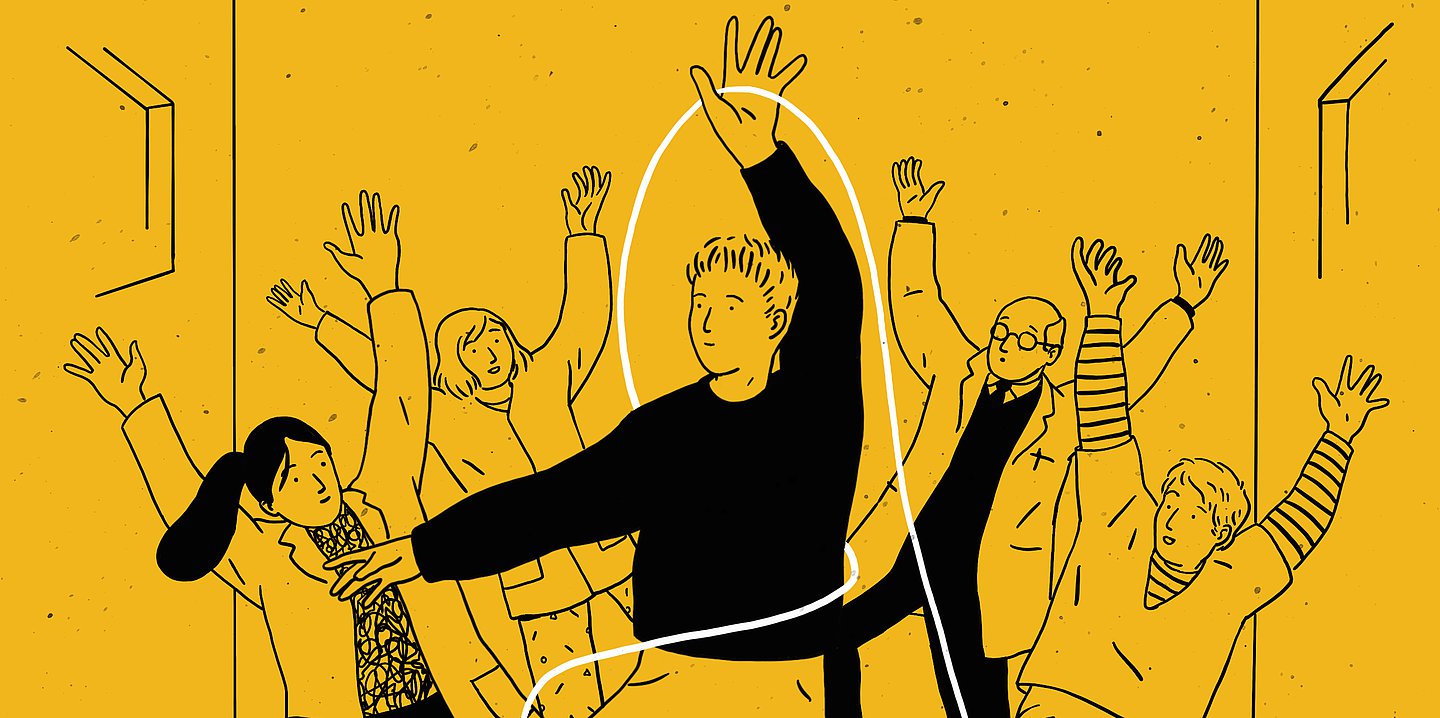 Illustration eines jungen Mannes, der mit einer Schnur um sich tanzt. Im Hintergrund stehen vier Personen mit nach oben gehobenen Händen.