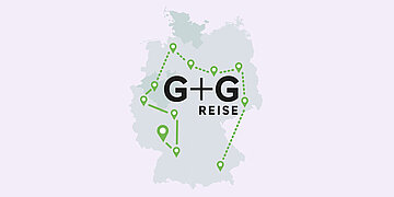Illustration von Deutschland mit markierten Orten. Dieses Mal: D&uuml;sseldorf. In der Mitte steht: G+G Reise.