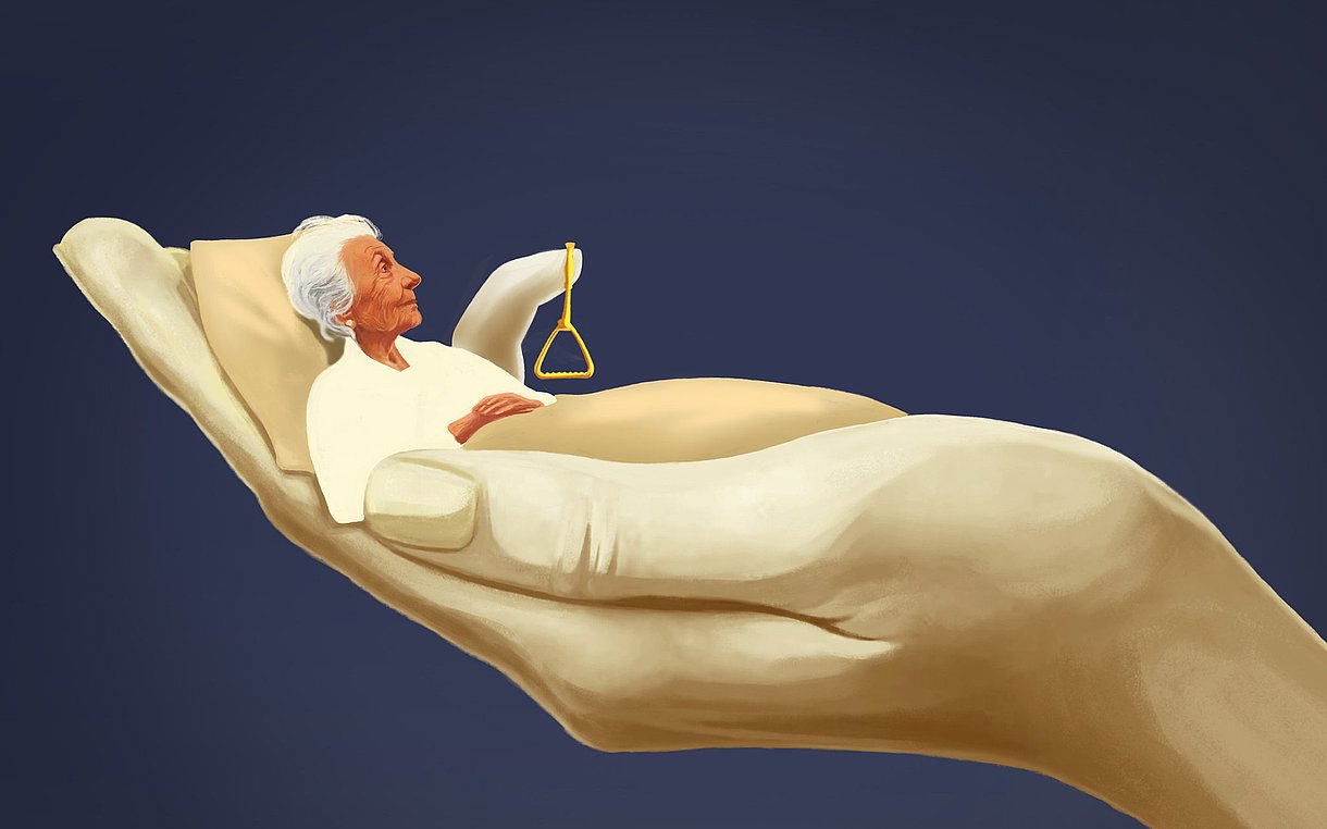 Illustration einer alten Dame, die in einer offenen Hand gehalten wird