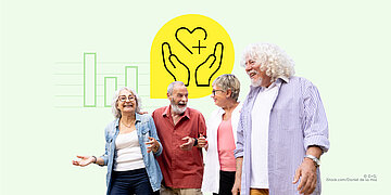 Vor einem hellgr&uuml;nen Hintergrund sind vier &auml;ltere Personen eingeblendet, die sich anschauen und lachen. Dahinter auf dem Hintergrund sind Illustrationen eingef&uuml;gt: 1. ein Balkendiagramm und 2. eine gelbe Sprechblase mit zwei H&auml;nden, zwischen denen ein Herz mit Pluszeichen schwebt.