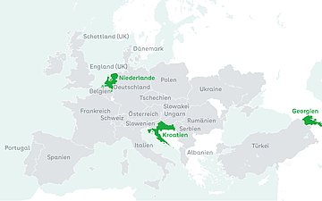 Auf einer Europakarte ist eine Auswahl an Ländern hervorgehoben, die bei einer Umfrage zum Thema Digital Health der WHO Europe teilgenommen haben.