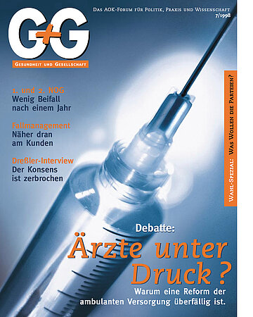 Foto: Cover der ersten G+G-Ausgabe, Juli 1998. Darauf ist eine Spritze und die Schlagzeile "&Auml;rzte unter Druck" zu sehen.