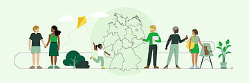 Illustration: Menschen jeden Alters vor einer Deutschlandkarte