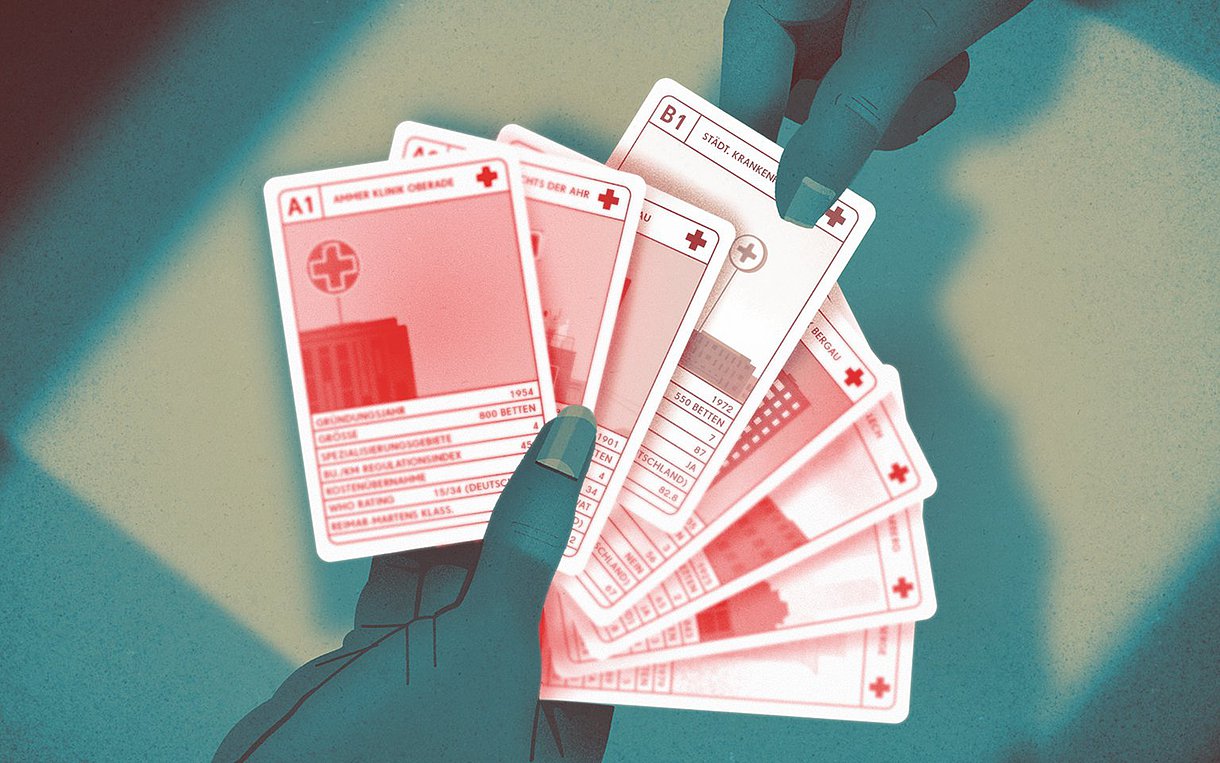Illustration einer Hand mit Spielkarten, die ein Krankenhausquartett abbilden