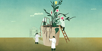 Mehrere Forschende untersuchen eine gro&szlig;e Pflanze in einem Topf, deren Wurzeln freigelegt sind und medizinische Symbole tragen.