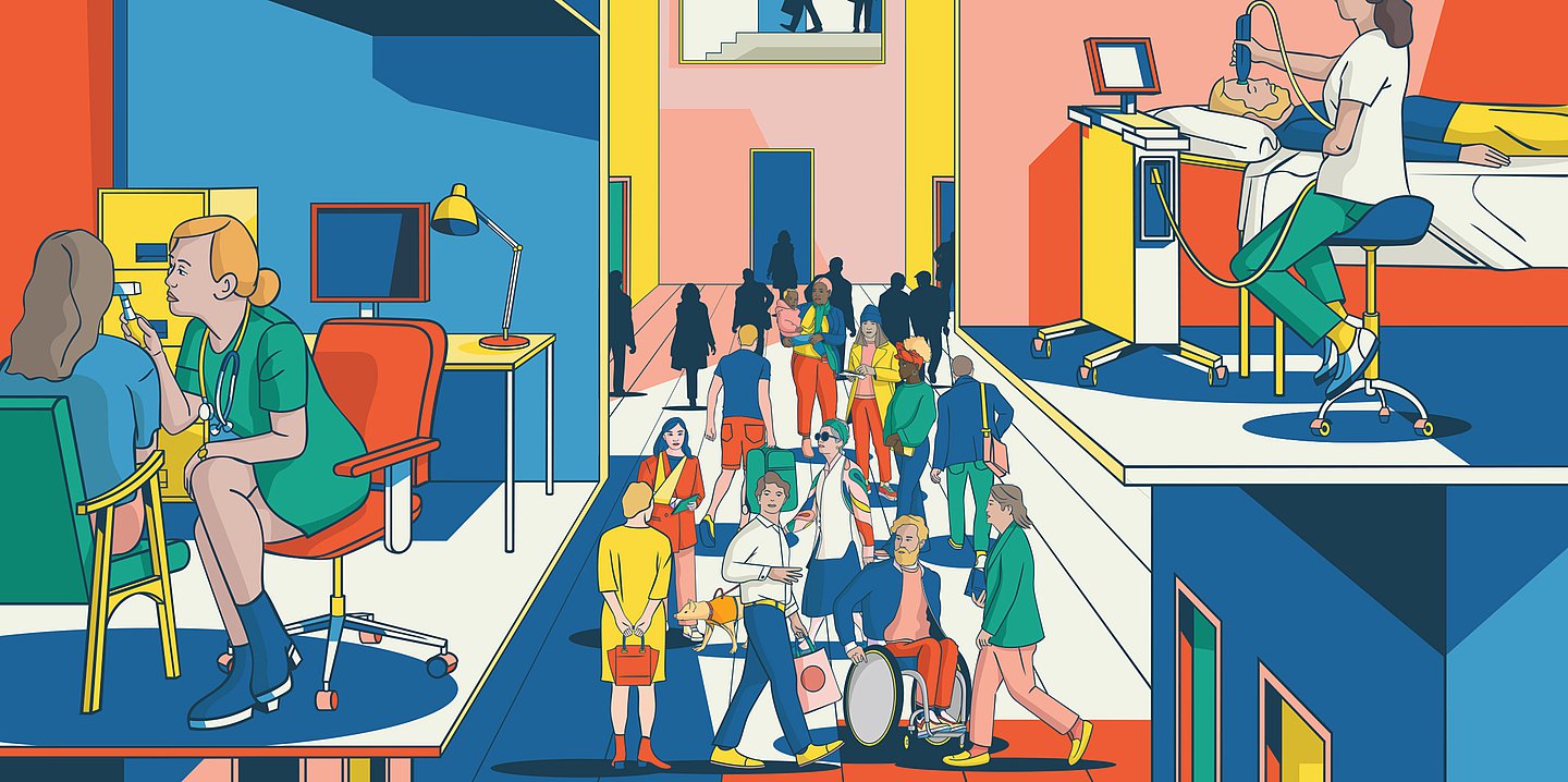 Illustration: Viele Menschen auf verschiedenen Ebenen, laufen, stehen, darunter ein Mensch im Rollstuhl und einer mit Blindenführhund. Links eine Untersuchung beim Facharzt/Vertragsarzt im Sitzen, rechts eine z.B. im Krankenhaus im Liegen.