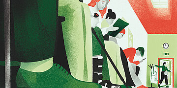 Illustration eines vollen Wartezummers, in dem viele Leute nebeneinander sitzend warten