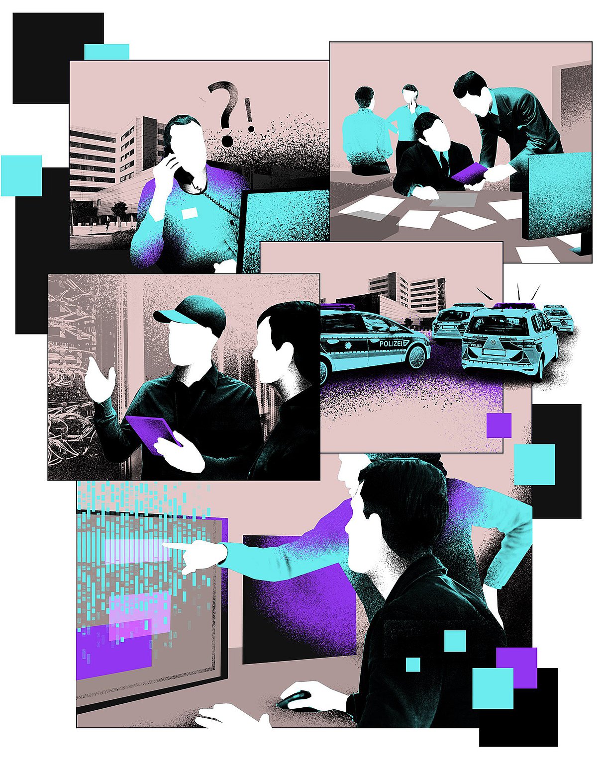 Foto: Illustration zum Thema Cyberkriminalität in Krankenhäusern: Mehrere Szenen, darunter kriminelle Hacker beim Datenklau.