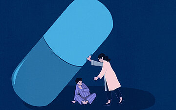 Illustration: Eine Frau im Kittel hebt eine gro&szlig;e Pille an, unter der eine Person im Schlafanzug sitzt.