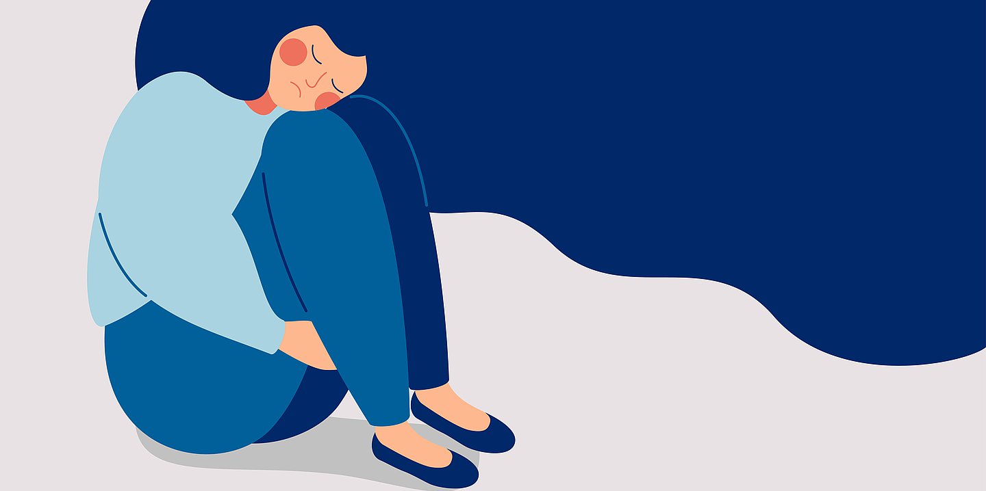 Illustration einer Frau, die traurig auf dem Boden sitzt mit angewinkelten Beinen und langen blauen Haaren, die wie ein Schleier von ihre wegwehen