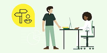 Arztkontakte Illustration: Ein Mann steht vor einem Schreibtisch, hinter dem eine Ärztin an einem Laptop sitzt. Oben links in der Ecke ist ein Icon mit einem Wegweiser und einen Arztmännchen zu sehen.