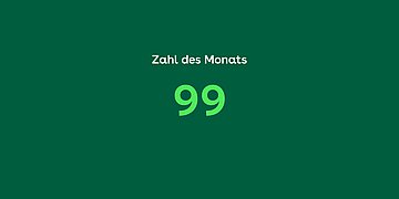 Zahl des Monats Juli 2025 Grafik Zahl des Monats: 99 (hellgrün auf dunkelgrün)