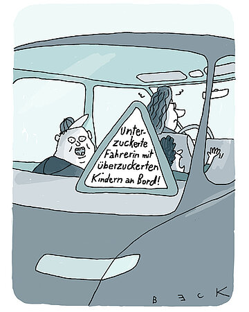 Foto: Illustration eines Cartoons: Frau mit Kindern im Auto, dazu der Text: "Unterzuckerte Fahrerin mit &uuml;berzuckerten Kindern an Board". 