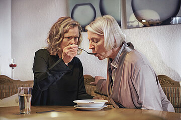 Eine Angeh&ouml;rige reicht einer &auml;lteren Person einen L&ouml;ffel mit Suppe.