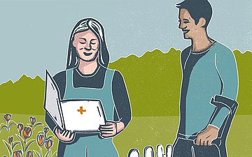 Illustration einer Frau in einem Garten mit Tulpen. Sie hat eine Krankenakte in der Hand und neben ihr steht ein Mann mit Krücke. 