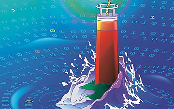 Corona-Impfung Illustration einer Spritze, die wie ein Leuchtturm im Meer steckt.