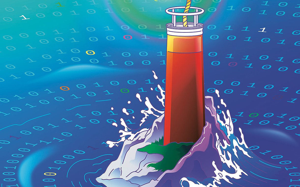Illustration einer Spritze, die wie ein Leuchtturm im Meer steckt.