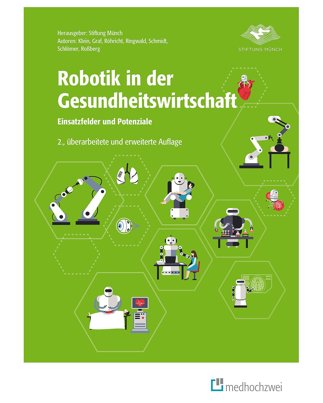 Cover des Buches "Robotik in der Gesundheitswirtschaft" in Grün mit kleinen Illustrationen von verschiedenen mediznischen Robotern in Waben