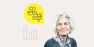 Freigestelltes Portr&auml;t einer sch&ouml;nen alten Frau. Links neben ihr befindet sich ein gelbes Icon, auf dem grafisch eine Person im Bett sowie medizinisches Personal dargestellt sind. Daneben ist eine Grafik aus drei S&auml;ulen zu sehen.