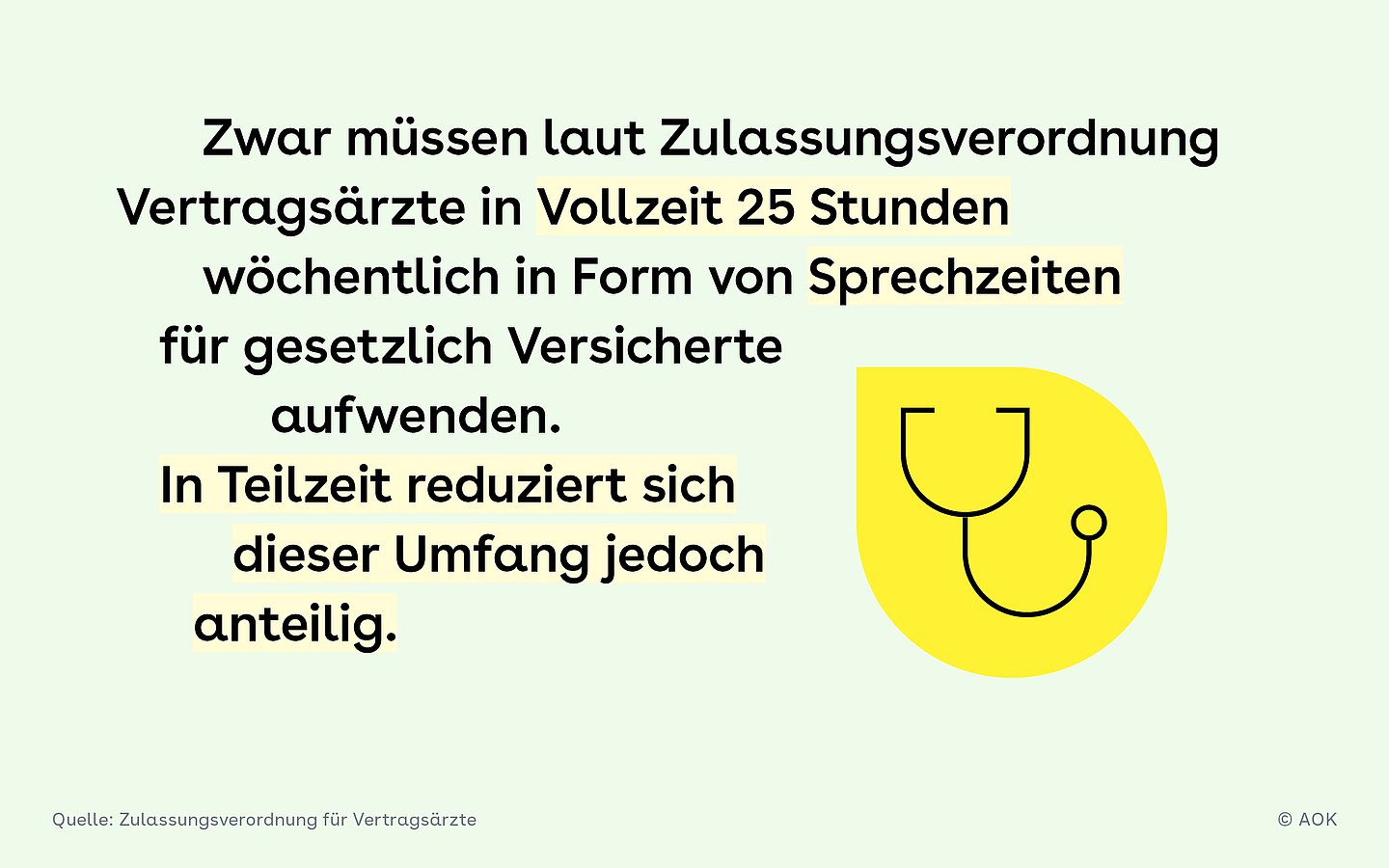 Grüne Bildkachel mit einer gelben Sprechblase, auf der eine Stethoskop zu sehen ist. Daneben steht Text.