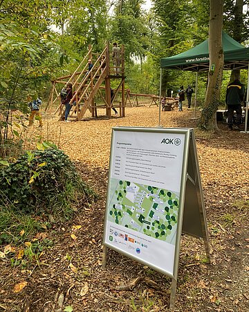Eine im Wald stehende Informationstafel