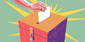 Gezeichnete Wahlurne in bunten Farben, in die eine Hand einen Wahlzettel steckt