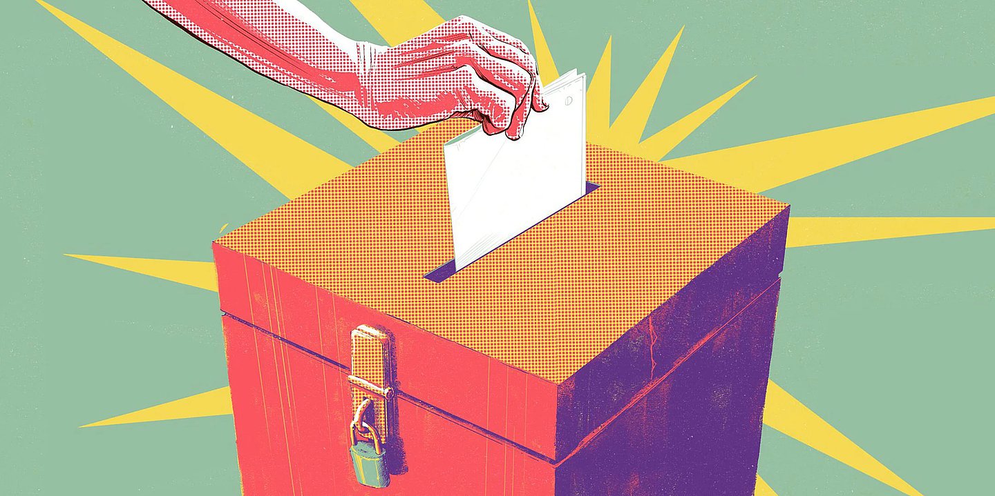 Gezeichnete Wahlurne in bunten Farben, in die eine Hand einen Wahlzettel steckt