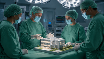 Symbolbild zur Krankenhausreform: Ein Team von Chirurgen operiert das Modell eines Krankenhausgeb&auml;udes.