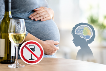 Vor dem Bauch einer schwangeren Frau stehen eine Weinflasche und ein gef&uuml;lltes Weinglas. Ein Warnschild und eine stilisierte Kindersilhouette warnen daneben vor Alkoholkonsum in der Schwangerschaft.