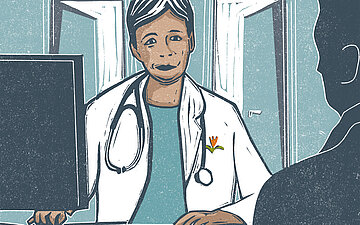 Illustration einer &Auml;rztin, die vor einem Monitor sitzt und in die Kamera schaut. Sie tr&auml;gt einen Kittel, ein Stethoskop und hat eine orangene Tulpe in der Brusttasche