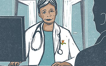 Illustration einer Ärztin, die vor einem Monitor sitzt und in die Kamera schaut. Sie trägt einen Kittel, ein Stethoskop und hat eine orangene Tulpe in der Brusttasche