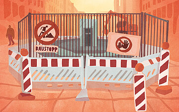 Illustration einer abgesperrten Baustelle in einer Stadt. Rot-wei&szlig;e Absperrgitter und ein Zaun versperren den Zugang; ein Schild tr&auml;gt die Aufschrift &bdquo;BAUSTOPP&ldquo;.