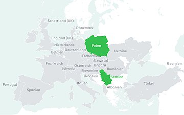 Auf einer Europakarte ist eine Auswahl an Ländern hervorgehoben, die bei einer Umfrage zum Thema Digital Health der WHO Europe teilgenommen haben.