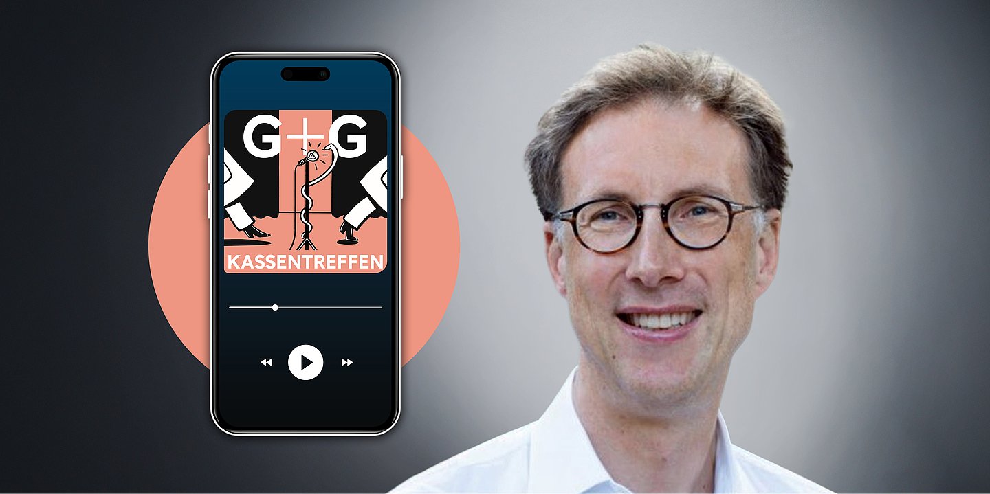 Foto: Lutz Hager, Vorstandsvorsitzender des Bundesverbandes Managed Care (BMC). Links daneben ein Smartphone, auf dem Display: G+G-Kassentreffen.