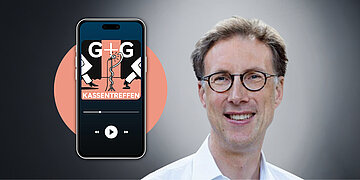 Foto: Lutz Hager, Vorstandsvorsitzender des Bundesverbandes Managed Care (BMC). Links daneben ein Smartphone, auf dem Display: G+G-Kassentreffen.