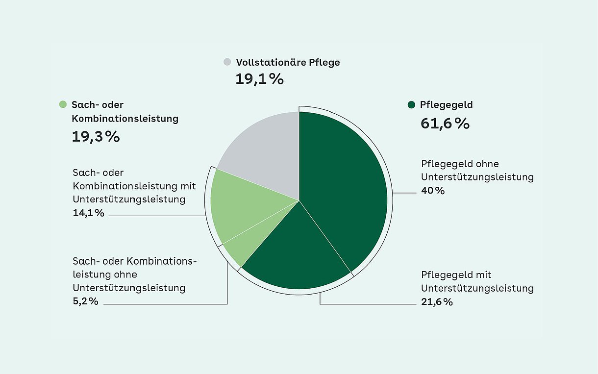 Kreisdiagramm, das den Anteil der Pflegebedürftigen nach Versorungsart 2021 in Prozent darstellt