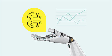 Grafik: &Uuml;ber der Hand eines Roboters schwebt eine Sprechblase mit einer Abbildung K&uuml;nstlicher Intelligenz.